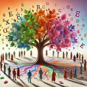 Ein Baum mit bunten blättern, umgeben von vielen Buchstaben um den ein Kreis von Personen steht.