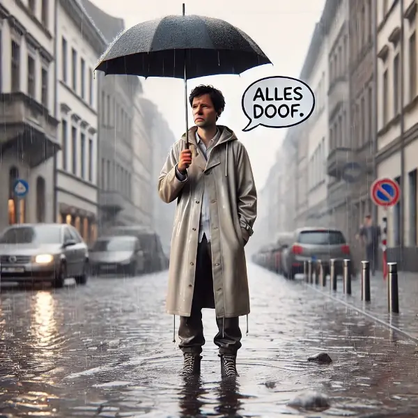 Ein Mann mit einem Regenschirm, steht im Regen auf der Straße und sagt mit einer Sprechblase "Alles doof"